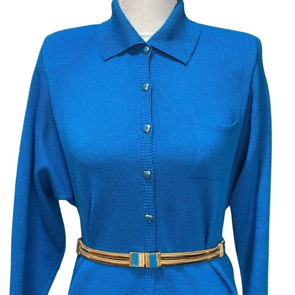 St. John by Marie Gray Knit Sweater Collard Dress With Gold and Blue Belt - Picture 2 of 16